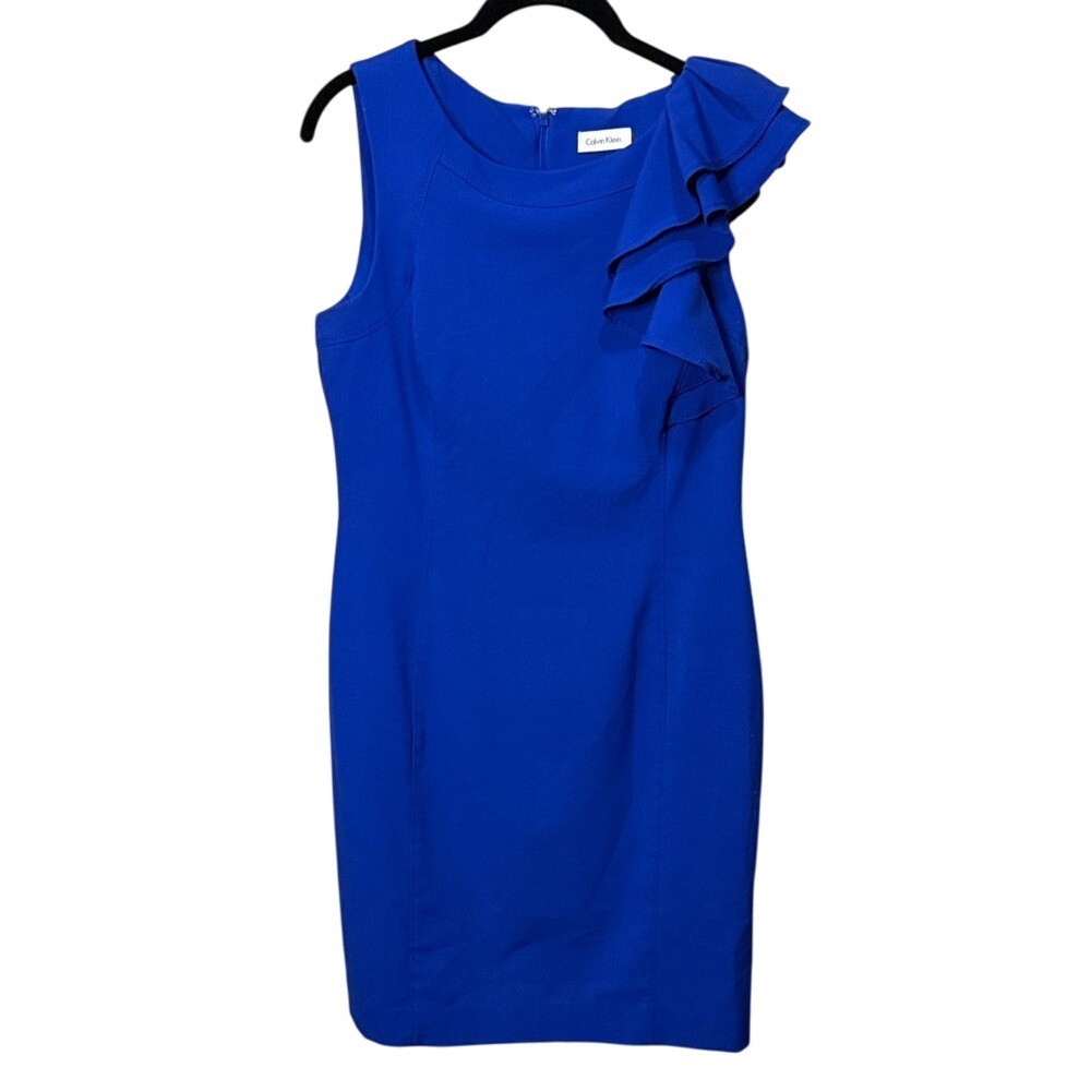 Calvin Klein Women's Sleeveless Sheath Dress‎ Ruffle Detail Blue Size 8
